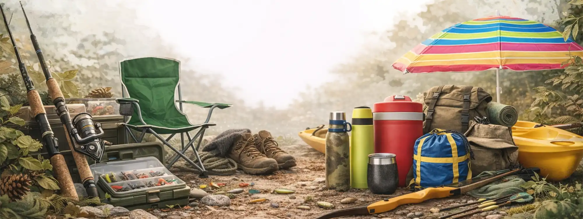 Equipo de camping y pesca al aire libre: cañas, caja de pesca, silla plegable, termos y mochila.
